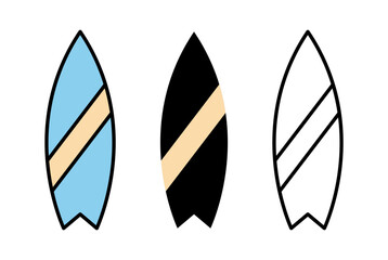 Three stylized surfboards in blue, black, and white with diagonal stripes, representing a vibrant surf culture.