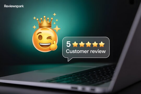 Online Reputation: A shining five-star customer review adorns a digital laptop screen, epitomizing the essence of great reputation management.