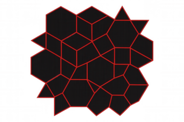 Geometric network featuring interconnected hexagons and triangles, red lines accentuating angular structure against transparent backdrop, supporting futuristic visual concepts