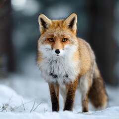 Fox in Winter Wonderland: A vibrant fox with fiery fur and piercing eyes stands majestically in a snow-covered landscape, its gaze capturing the serene stillness of the winter season.