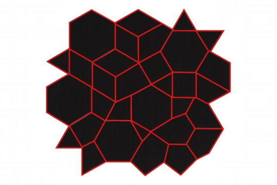 Geometric network featuring interconnected hexagons and triangles, red lines accentuating angular structure against transparent backdrop, supporting futuristic visual concepts - Powered by Adobe