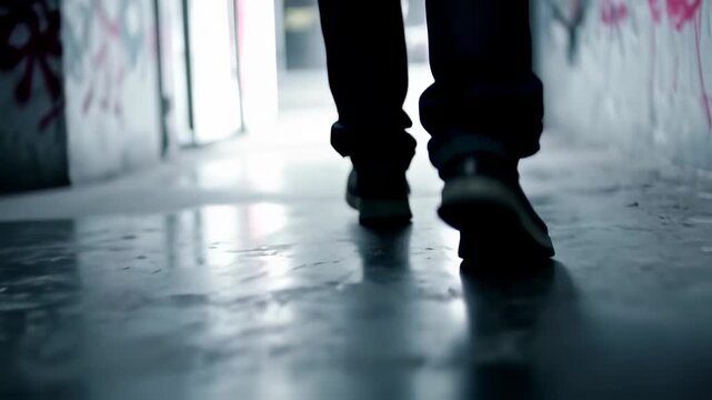Person Walking Away with Urban Alleyway, and Graffiti Background.