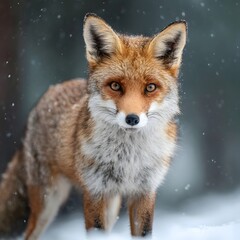 Fototapeta premium A Majestic Gaze: A close-up portrait of a striking red fox, its keen eyes meeting the viewer's gaze amidst a snowy landscape, showcasing its wild beauty.