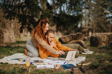 A couple sits on a picnic blanket in a natural landscape painting together. The moment showcases creativity, leisure, and shared joy amid a tranquil outdoor environment.
