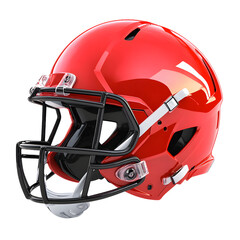 Fototapeta premium Glossy red american football helmet with black face mask and white stripe detail isolated on transparent background