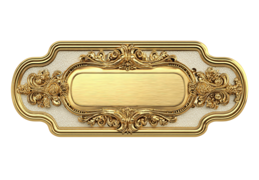 Ornate gold plaque with cream border.  A decorative,  gold-toned rectangular plaque with elaborate,  intricate scrollwork.  Cream-colored,  accented border.  Empty space for text or image