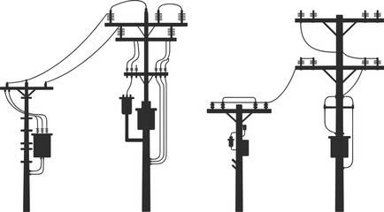 Silhouette of four detailed electric utility poles with transformers, power lines, communication infrastructure, isolated black and white vector, industrial energy