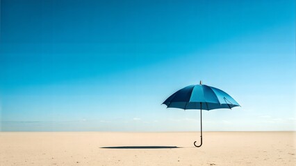 Open Blue Umbrella Standing Alone in a Misty Desert-Like Landscape &ndash; Minimalist Scene of Isolation, Escape, and Calm Freedom