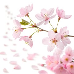 Obraz premium Pink cherry blossoms on a branch, isolated on white background