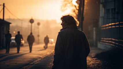 Silhouette of Man Standing Alone in Warm Sunset Light &ndash; Urban Melancholic Golden Hour Scene