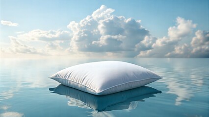Dreamy Pillow Floating Over Cotton-Like Clouds in a Vivid Blue Sky &ndash; Relaxing Airborne Concept