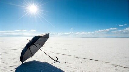 Solitary Open Umbrella on a Vast Desert-Like Misty Plain &ndash; Conceptual Minimalist Symbol of Solitude and Separation