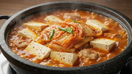 Hearty Kimchi Stew with Tofu in a Hot Pot Setting