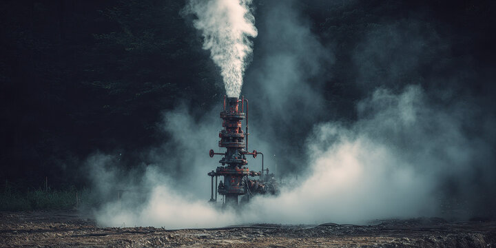  Gas wellhead releasing pressure with steam and smoke