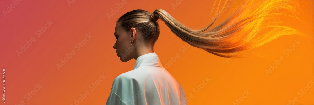 Poster ponytail in motion captured against a vibrant gradient backdrop with ample space for text overlay