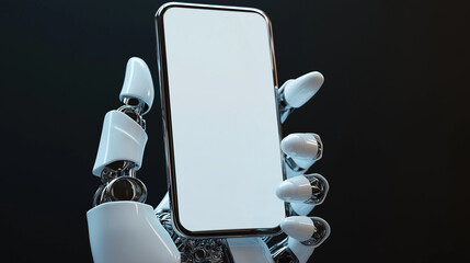 robot hand holding a mobile on a dark background