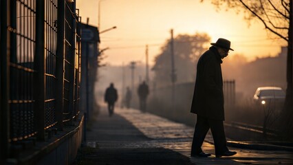 Lonely Woman Standing in Golden Sunset Light on Empty Urban Street &ndash; Silhouetted Against Metal Bars
