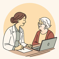 Doctor Consulting with Elderly Woman Using Laptop