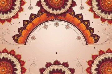 Ornate mandala floral arch border in warm orange and red tones, intricate symmetrical pattern with empty space for text - AI-Generated