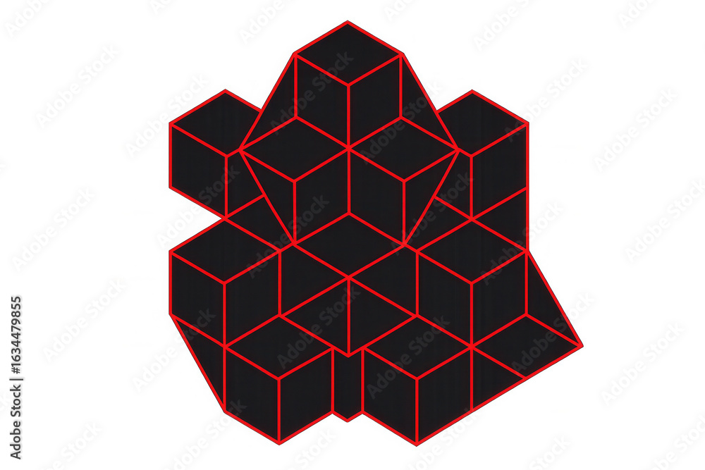 Poster geometric black cubes interconnecting with red edges, forming complex spatial pattern against transp