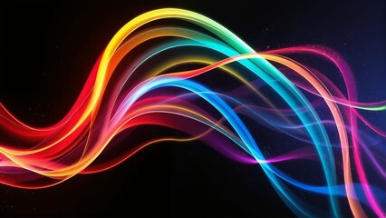 Digital artwork with glowing multicolored neon ribbons flowing in a wavy pattern over a black background, creating a dynamic and luminous composition.