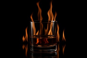 Dramatic glass of whiskey with fire flames on a dark reflective background
