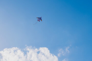 Kite against clear sky and sun rays through clouds
