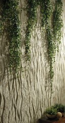 Obraz premium Light beige textured wall with flowing lines, adorned with trailing greenery