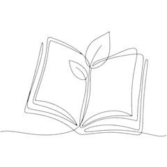 Open book with plant growing from pages in minimalist line art  