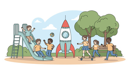 Obraz premium Children play at the park with a rocket ship and playground equipment