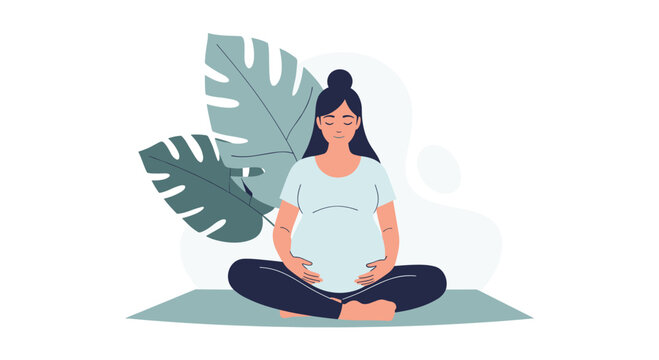 Pregnant woman peacefully meditating on a yoga mat surrounded by lush green leaves promoting tranquility and well-being during pregnancy - Powered by Adobe