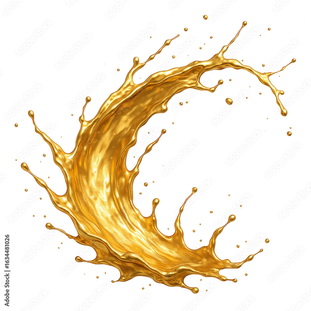 Poster dynamic golden liquid splash with droplets capturing motion and elegance against a stark contrast