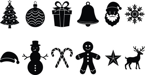 Black Christmas Silhouette Icon Set Featuring Santa, Tree, Snowman, and Holiday Symbols