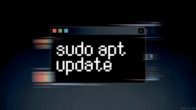 Pixelated terminal command "sudo apt update" with glitch effect, symbolizing a fast-paced and modern tech concept