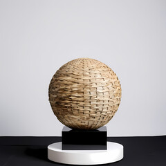 Textured Beige Sphere with Dried Palm Leaf on White Platform Against Black Background 