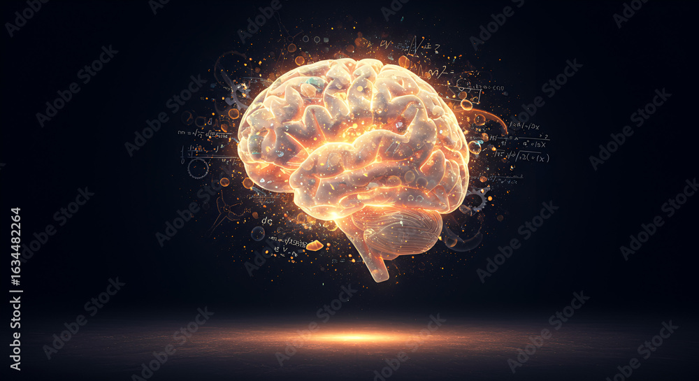 Poster glowing cerebral cortex with scientific formulas in dark ambience representing intelligence