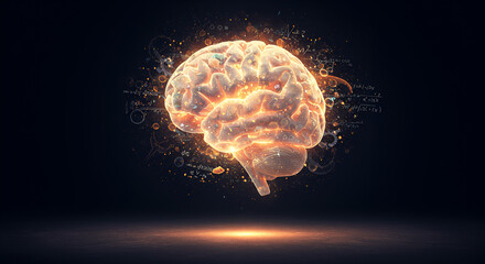 Glowing cerebral cortex with scientific formulas in dark ambience representing intelligence