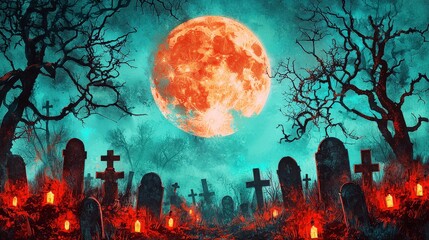 Obraz premium Eerie Moonlit Graveyard Illustration with Statues and Haunting Atmosphere for Halloween-themed Projects