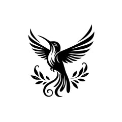 Elegant Hummingbird with Stylized Wings and Floral Elements.
