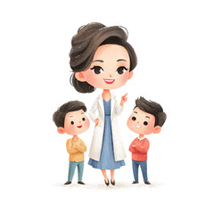 Fototapeta premium Smiling Doctor and Two Boys in Watercolor Style Illustration
