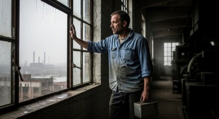 Man Contemplating by Factory Window: A man gazes thoughtfully through a weathered factory window at the industrial landscape beyond, embodying introspection and a moment of quiet reflection.