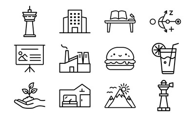 Minimal Line Business Icon Set Featuring Eco-Friendly, Office Workspace, Food & Beverage, Industrial, Presentation, and Landmark Symbols – Clean Vector Graphics for Digital Projects