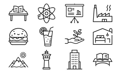 Minimal Line Business Icon Set Featuring Eco-Friendly, Office Workspace, Food & Beverage, Industrial, Presentation, and Landmark Symbols – Clean Vector Graphics for Digital Projects
