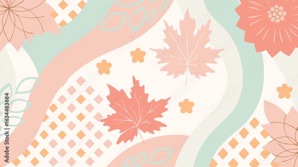 Poster pastel floral and leaf pattern with wavy lines and geometric shapes on a light background design
