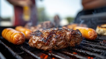 Juicy Hamburger and Sausages Grilling on the BBQ With Smoke and Flames in the Background