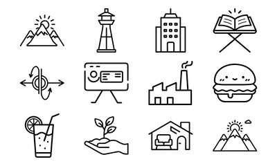 Minimal Line Business Icon Set Featuring Eco-Friendly, Office Workspace, Food & Beverage, Industrial, Presentation, and Landmark Symbols – Clean Vector Graphics for Digital Projects