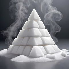 White Sugar Cubes Pyramid in Dry Ice Fog Against Gray Background  