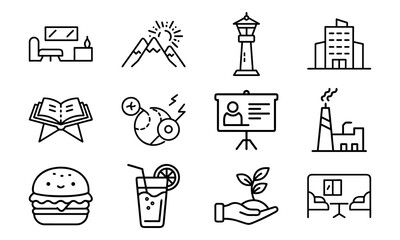 Minimal Line Business Icon Set Featuring Eco-Friendly, Office Workspace, Food & Beverage, Industrial, Presentation, and Landmark Symbols – Clean Vector Graphics for Digital Projects