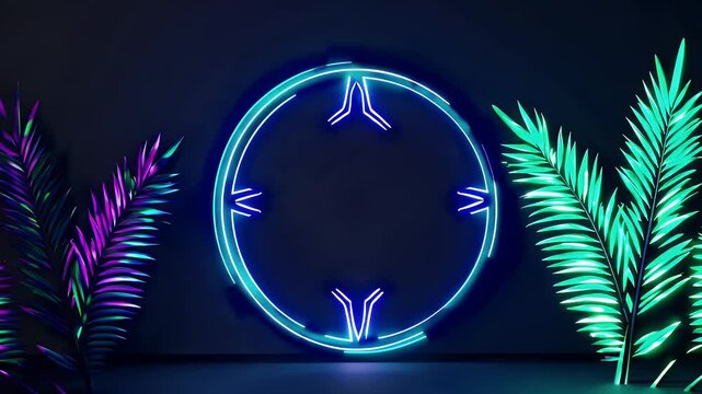 stylish animated video featuring a rotating tropical palm leaf frame outlined by vibrant neon lights creating a visually trendy and modern LED border ideal for use in event visuals or signage