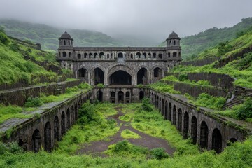 Obraz premium Ruined palace surrounded by overgrown greenery